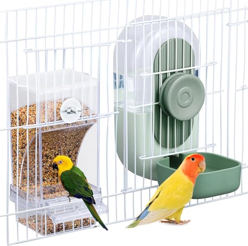 No Mess Vogelfutterstation & Wasserspender Set – Automatische Fütterung & Hydratation, Sittichkäfig Zubehör für Papageien, Nymphensittiche, Finken, Lovebirds & Wellensittiche (Grün) von GYJZZW