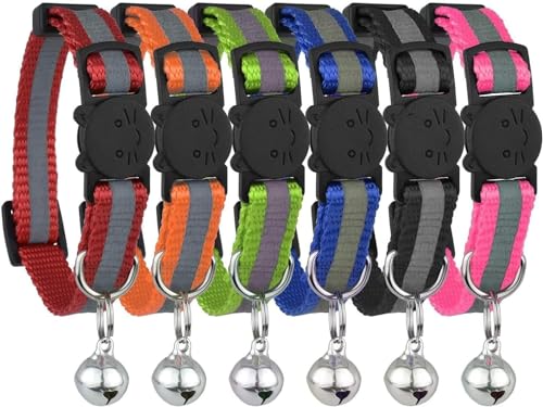 Reflektierendes Katzenhalsband mit Glöckchen, einfarbig, Nylon, gemischte Farben, coole Katzenhalsbänder für kleine Hunde (6 Stück) von GYJZZW