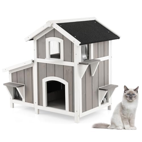 GYMAX 2 Ebenen Katzenhaus, wetterfeste Katzenhöhle mit Asphalt-Dach, Fenster & 2 Plattformen, Haustierhaus zum Spielen & Ausruhen, katzenbett für Katzen, 100 x 64 x 82,5 cm, Grau von GYMAX