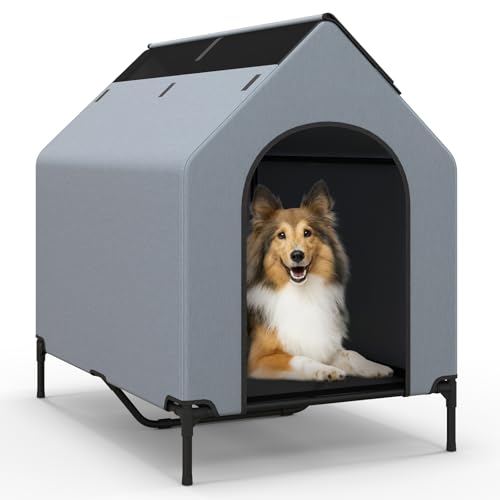 GYMAX 2 in 1 Haustierhaus, Hundehütte & erhöhtes Hundebett, Hundehaus mit abnehmbarem Abdeckung & 2 Belüftungsfenstern, wasserdichter Hundeunterstand für Hunde, Grau (75 x 110 x 106 cm) von GYMAX