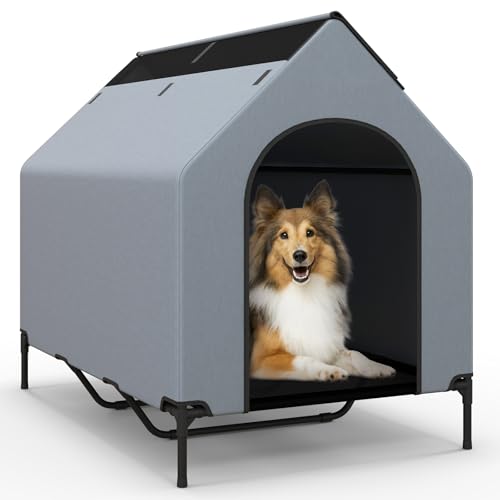 GYMAX 2 in 1 Haustierhaus, Hundehütte & erhöhtes Hundebett, Hundehaus mit abnehmbarem Abdeckung & 2 Belüftungsfenstern, wasserdichter Hundeunterstand für Hunde, Grau (84 x 132 x 114 cm) von GYMAX