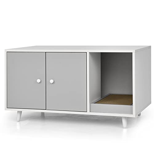 GYMAX 2 in 1 Katzenschrank für Katzentoilette, Katzenhaus mit 2 Türen & Katzenkratzbrett, Katzenklo Schrank, Beistelltisch 90 x 50 x 50 cm (Grau) von GYMAX