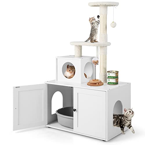 GYMAX 2-in-1 Kratzbaum 132 cm, multifunktionaler Katzenbaum mit Katzentoilette, Katzenschrank mit Katzenhaus, Kletterbaum, Katzenkratzbaum mit Plattform, Sisal-Kratzpfosten & hängendem Ball (Weiß) von GYMAX