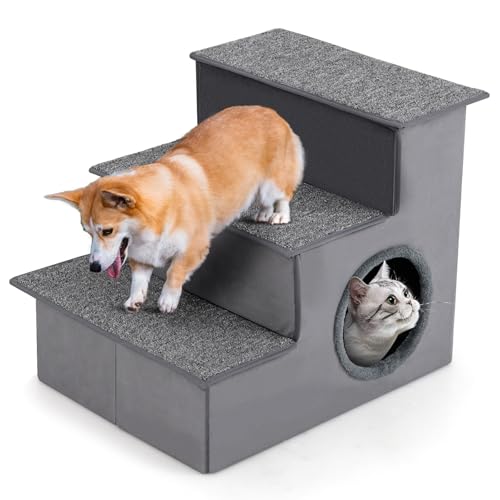 GYMAX 3 Stufen Haustiertreppe, 3-in-1 Faltbare Hunderampe mit Hundebett & weicher Oberfläche, Hundetreppe für kleine Hunde & Katzen, bis zu 54 kg belastbar, Grau von GYMAX