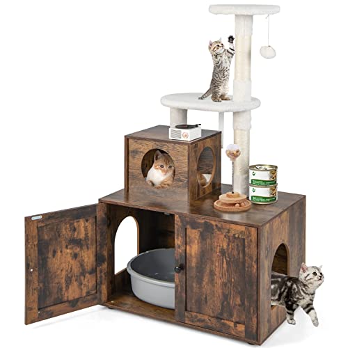 GYMAX All-in-One Kratzbaum, multifunktionaler Katzenbaum 132 cm, Katzenschrank für Katzentoilette, Katzenklo, Katzenhaus, Katzenhöhle, Katzenkratzbaum, Kletterbaum, Kratzmöbel (Braun) von GYMAX