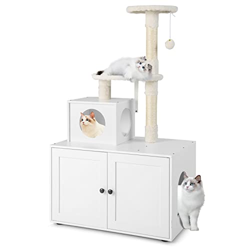 GYMAX All-in-One Kratzbaum, multifunktionaler Katzenbaum 132 cm, Katzenschrank für Katzentoilette, Katzenklo, Katzenhaus, Katzenhöhle, Katzenkratzbaum, Kletterbaum, Kratzmöbel (Weiß) von GYMAX