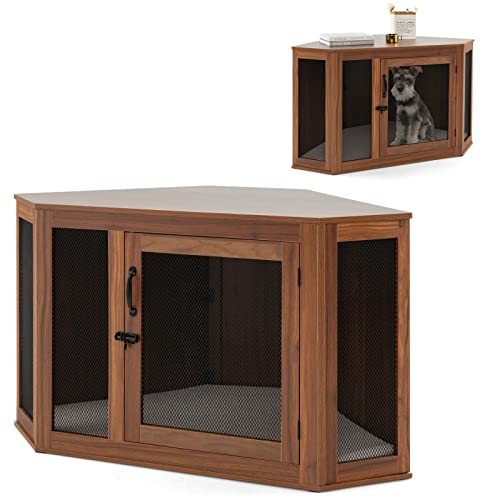 GYMAX Eck-Hundebox mit Kissen Hundehütte 114 x 60 x 68 cm Haustierbox mit Abschließbarer Tür Hundekäfig Haustierkäfig Tierkäfig für den Innenbereich Hundehaus Haustierhaus Braun von GYMAX