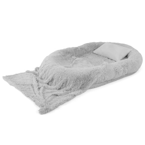 GYMAX Hundebett für Menschen & Hunde, riesiges Sitzsackbett, 171 x 115 x 25 cm, waschbares orthopädisches Hundebett flauschig mit weicher Decke, Kissen & Gurt, Haustierbett für große Hunde (Grau) von GYMAX