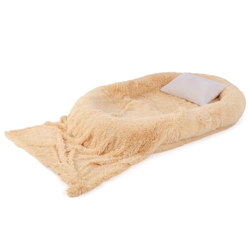 GYMAX Hundebett für Menschen & Hunde, riesiges Sitzsackbett, 171 x 115 x 25 cm, waschbares orthopädisches Haustierbett flauschig mit weicher Decke, Aufbewahrungsgurten & abnehmbarem Bettbezug (Braun) von GYMAX