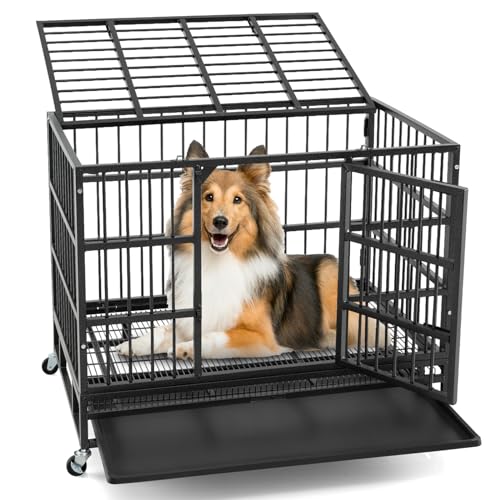 GYMAX Hundekäfig klappbar, Hundebox mit 2 Türen, Transportkäfig mit herausnehmbarer Bodenschale & Rädern, schwarz (96 x 65 x 77 cm) von GYMAX