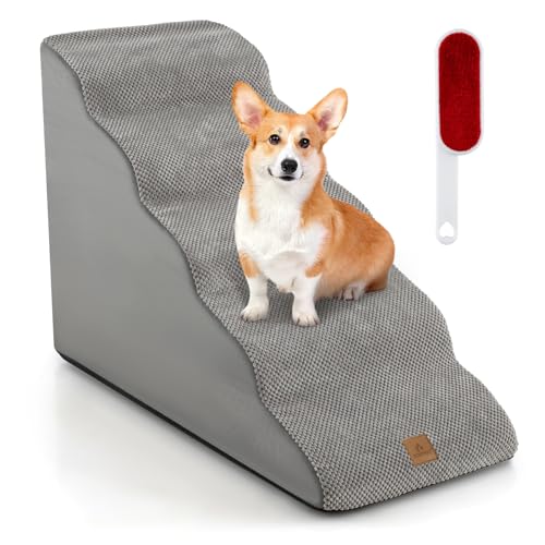 GYMAX Hundestufen, 5 Stufen Hundetreppe, Haustiertreppe mit Fusselentferner, abnehmbarem Bezug & rutschfestem Boden, Hunderampe für Bett & Sofa, 87 x 41 x 56 cm, Grau von GYMAX