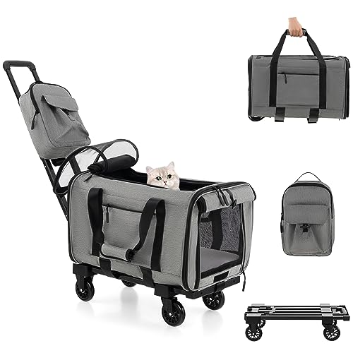 GYMAX Katzen Transportbox, Hunde Tragetasche mit Katzenrucksack & Teleskopgriff, Transporttasche mit Rädern & stabile Plattform, Haustier-Reiseträger für kleine & mittelgroße Haustiere, Grau von GYMAX