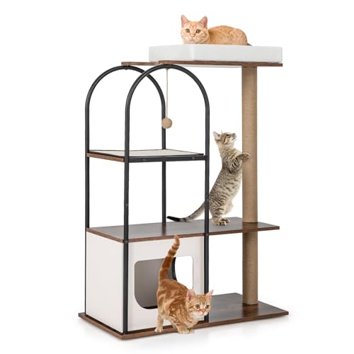 GYMAX Katzenbaum 118 cm, multifunktionales Aktivitätszentrum mit Liegeplatz & Katzenhöhle, Kratzbaum mit Kratzpfosten, Sisalplatte & hängendem Ball, Katzenbaum-Turm für Wohn- & Schlafzimmer (Weiß) von GYMAX