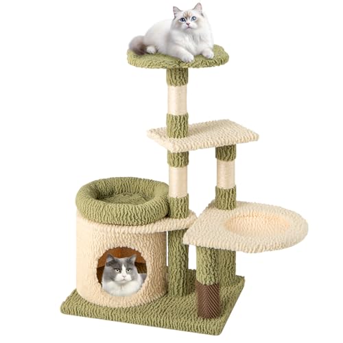 GYMAX Katzenbaum 97 cm, Katzenkratzbaum mit weicher Plüschoberfläche, Sisal-Kratzsäule & Katzenwohnung, Kratzbaum, kleine Katzenmöbel, Aktivitätsbaum für Katzen von GYMAX