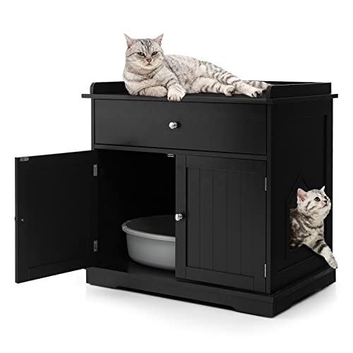 GYMAX Katzenhaus mit Schublade & 2 magnetischen Türen, Katzentoilette mit großem Innenraum & Seiteneingang, moderner Mehrzweckschrank für Wohnzimmer & Schlafzimmer, 76 x 53 x 74 cm (Schwarz) von GYMAX