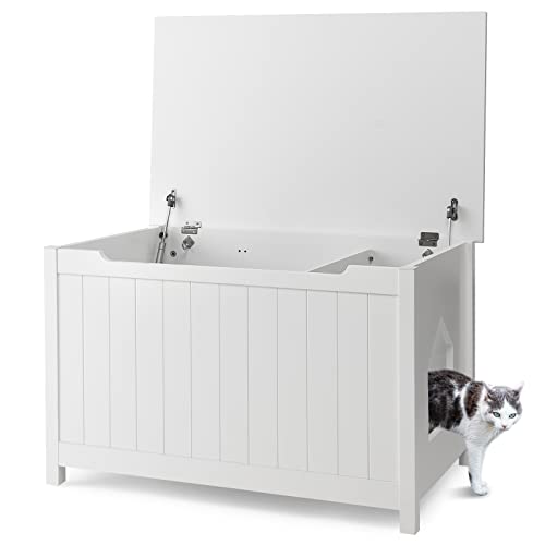 GYMAX Katzenklo mit Flip-Top-Design, Katzentoilette mit Verstellbarer Trennwand & Katzenloch & Lufthebel & Haken, Katzenhaus für Wohnzimmer & Katzencafé, weiß von GYMAX