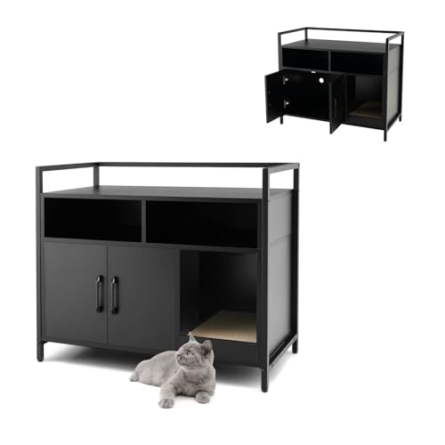 GYMAX Katzenschrank für Katzentoilette mit Kratzbrett Katzenklo Schrank 89 x 45 x 74,5 cm Katzenhaus mit offenen Regalen & Türen (Schwarz) von GYMAX