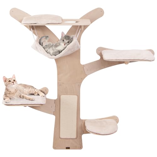 GYMAX Kletterwand Katzen, Katzenwand mit Hängematte, 4 Plattformen & Sisalpfosten, Kratzbaum mit weichen & waschbaren Kissen, baumförmige Katzenmöbel Wandmontage für Hauskatzen von GYMAX