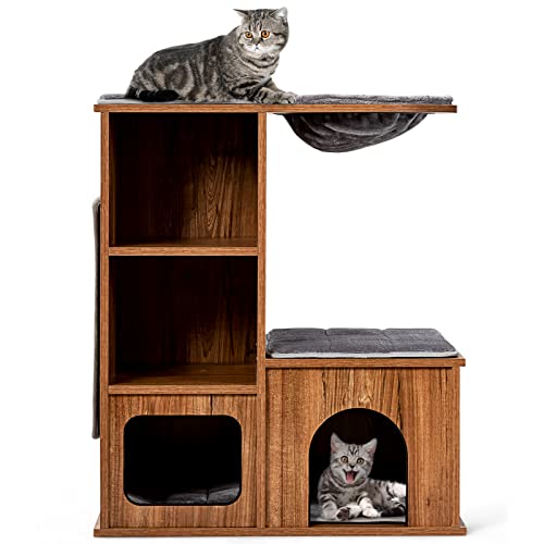 GYMAX Kratzbaum 81 cm für Katzen, Katzenkratzbaum mit abnehmbaren Kissen, Katzenmöbel aus Holz, Katzenhaus bis 20 kg belastbar, inkl. Sisal Schleißkissen & Hängematte, mit 2 Höhlen & 2 Katzenregale von GYMAX