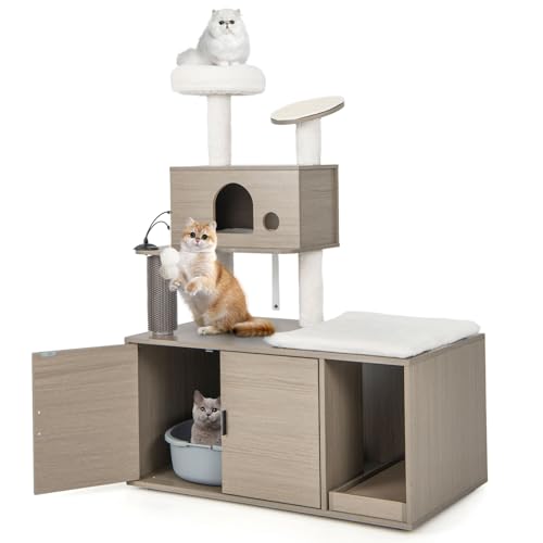 GYMAX Kratzbaum mit Katzenschrank, mehrstufiger Katzenaktivitätsbaum mit Höhle, Sisalkratzmatten & Abnehmbarer Kissen, Katzenbaum, Katzenmöbel für Wohnzimmer (95 x 55,5 x 132 cm) von GYMAX