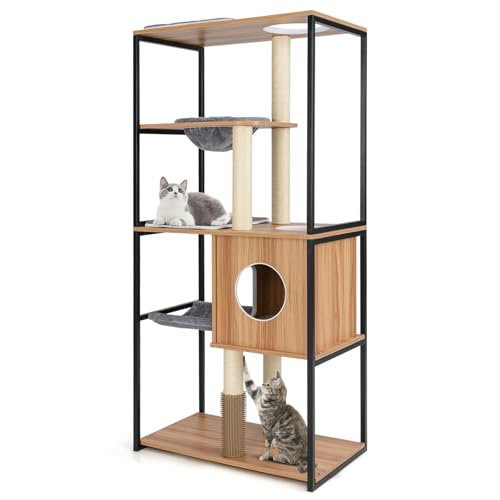 GYMAX Mehrschichtiger Katzenbaum 160 cm, Kratzbaum mit Aussichtsplattform, Katzenhöhlen & Hängematte, Aktivitätszentrum, Kletterbaum mit Körbchenbett, Sisal-Kratzstamm & Selbst-Pflegebürste von GYMAX