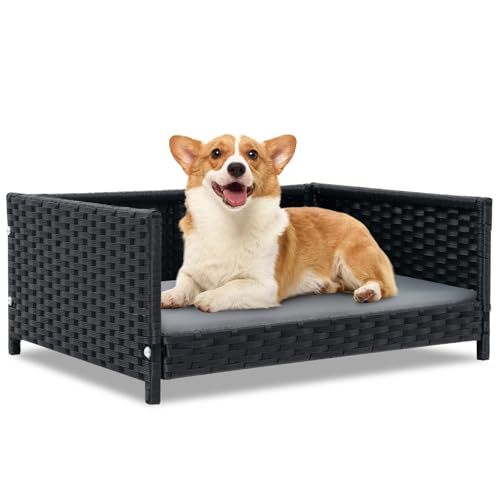 GYMAX Rattan Hundebett, Katzenbett mit abnehmbarem Kissen & Metallrahmen, erhöhtes Haustier Bett für kleine & mittelgroße Hunde, grau, 62 x 46 x 25 cm von GYMAX