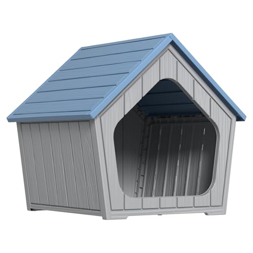 Große Kunststoff-Hundehütte für drinnen und draußen, wasserabweisend, einfache Montage, stabile Hundehütte mit Lüftungsschlitzen und erhöhtem Boden, Blau und Grau, 60 x 57 x 57 cm von GYMHILL