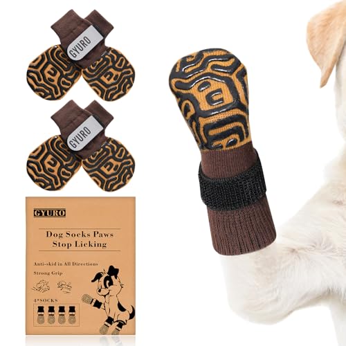 GYURO Hundesocken Anti rutsch für Hartholzböden – extra Dicker Griff, der auch bei Verdrehung funktioniert – verhindert Lecken, Ausrutschen und ist ideal zum Schutz der Hundepfoten (Braun, L) von GYURO