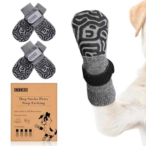 GYURO Hundesocken Anti rutsch für Hartholzböden – extra Dicker Griff, der auch bei Verdrehung funktioniert – verhindert Lecken, Ausrutschen und ist ideal zum Schutz der Hundepfoten (Grau, L) von GYURO