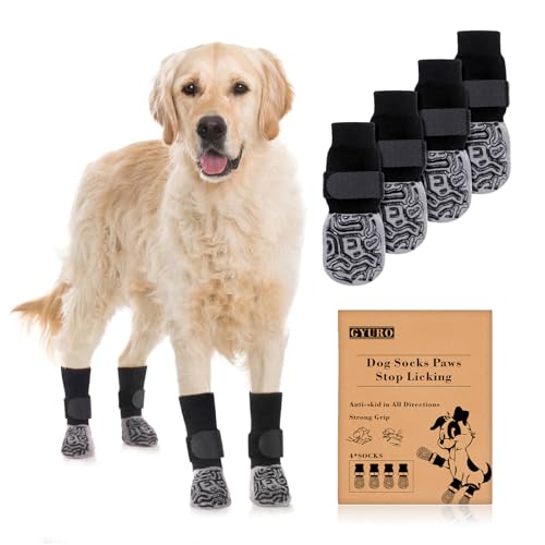 GYURO Rutschfeste Hundesocken, Pfotenschutz mit Griffen, starke Traktion, verstellbare Hundesocken für Hartholzböden und Spaziergänge im Innenbereich (Schwarz, XL) von GYURO