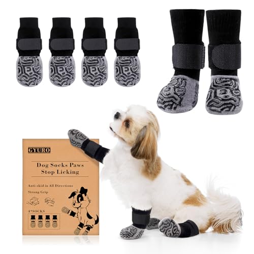 GYURO Rutschfeste Hundesocken, Pfotenschutz mit Griffen, starke Traktion, verstellbare Hundesocken für Hartholzböden und Spaziergänge im Innenbereich (Schwarz, XS), 2 Paar von GYURO