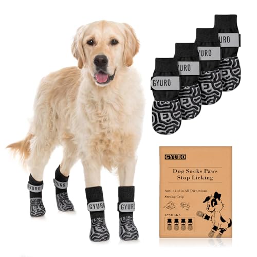 GYURO Rutschfeste Hundesocken für Hartholzböden – extra dicker Griff, der auch bei Verdrehen funktioniert – verhindert Lecken, Verrutschen und ideal als Schutz der Pfoten des Hundes (Schwarz, XL) von GYURO