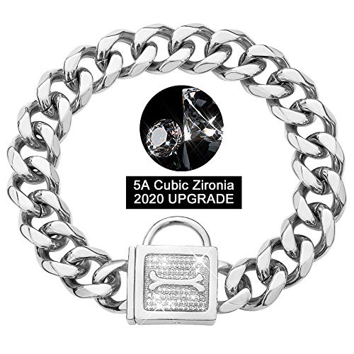 GZMZC Hundehalsband mit kubanischem Zirkonia, hochglanzpolierter Edelstahl, kubanische Glieder, robust, kaufest, für Spaziergänge, Training, Leine für kleine Hunde (19 mm, 30,5 cm) von GZMZC