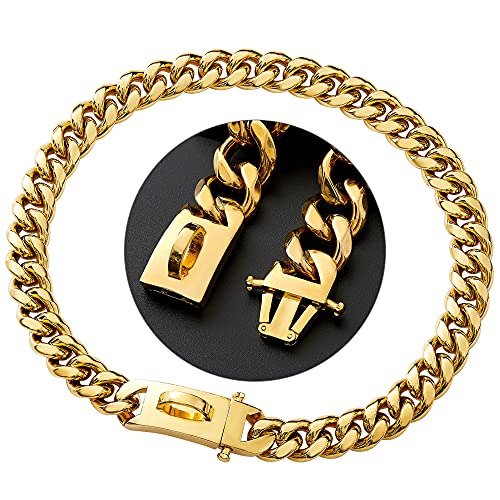 GZMZC Miami Chian Hundehalsband, 14 mm, Edelstahl, 18 Karat Gold, Panzerkette, Hundehalsband, Hundehalsband, 66 cm von GZMZC