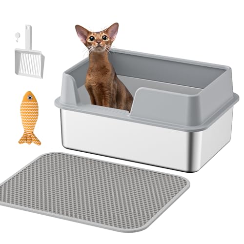 Edelstahl-Katzentoilette mit Deckel, XL-Metall-Katzentoilette mit hohen Seiten, Katzentoiletten für große Katzen, mit Katzentoilette, Katzenspielzeug, antihaftbeschichtet, auslaufsicher, kein Geruch, von GZPCXMZ