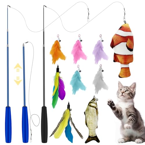 GZqiancang 11 Stück Katzenspielzeug Set, Versenkbare Katzenangel mit Glocken Feder und Katzenspielzeug Fisch für Kitten Interaktives(Feder/Fisch/Katzenangel) von GZqiancang