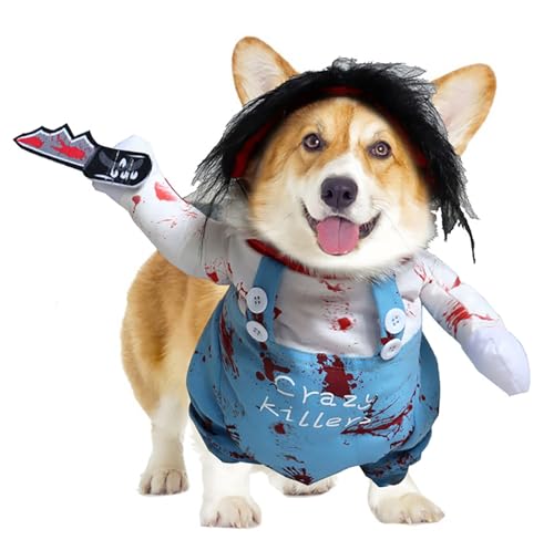 Deadly Dog Costume for Halloween with Knife Funny Doll Costumes for Pets Dog Cosplay Clothing for Halloween Blue Large von GabeFish