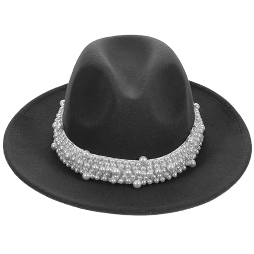 Gadpiparty Panamahüte Für Damen Jazz mit Fedora Schwarze Perle für Vintage Elegante Lässige Hüte Kirchenfrauen Filz Breiter Hut Panama Flache Wolle Partydekoration Breiter Filzhut von Gadpiparty