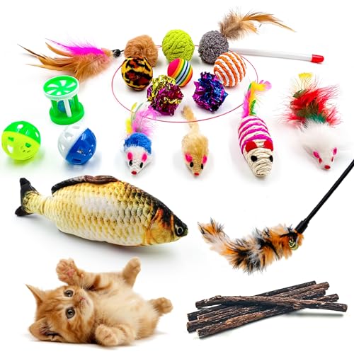 GaiusiKaisa Katzenspielzeug Set 23 Stücke, Katzen Interaktives Spielzeug, Spielmäuse für Kätzchen Federn Katzenangel, Matatabi, Cat Toy, Bällen, katzenminze Fisch von GaiusiKaisa