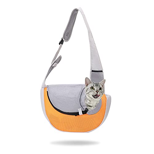 Galatée Haustiertragetuch, Katzentragetuch Mit 1 Taschen, Kleine Hundekatzen-Reisetrage Mit Atmungsaktivem Netzbeutel, Schultertragetasche Für Outdoor-Walking-u-Bahn（S, Orange von Galatée