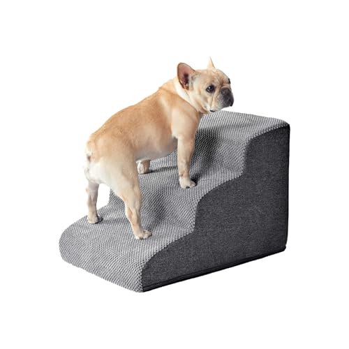 Galatée Hundetreppe, Haustiertreppenrampe Für Kleine Hunde, Hundetreppe Mit Abnehmbarem, Waschbarem Bezug, rutschfeste, Stabile Haustiertreppe Für Sofa, Bett und Auto(3-Schritte, Dunkelgrau) von Galatée