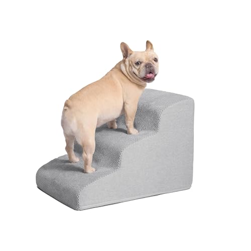 Galatée Hundetreppe, Haustiertreppenrampe Für Kleine Hunde, Hundetreppe Mit Abnehmbarem, Waschbarem Bezug, rutschfeste, Stabile Haustiertreppe Für Sofa, Bett und Auto(3-Schritte, Hellgrau) von Galatée