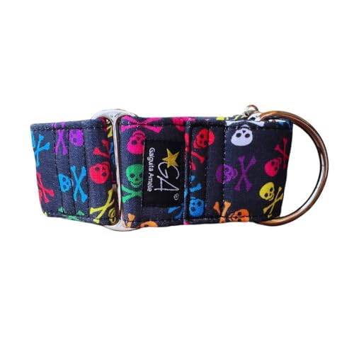 Galguita Amelie Hundehalsband, 4 cm breit, Größe M (30-39 cm), für Martingale-Hunde, Totenkopf von Galguita Amelie