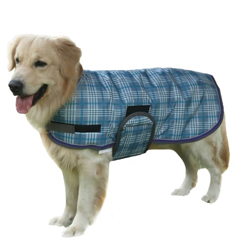 Gallopoff 600D Ripstop Wasserdichte Hundejacke für Herbst Winter, regenfester Mantel mit verstellbarem Klettverschluss und reflektierenden Streifen, 200 g Polyfill-Isolierung, 210T Futter Blueplaid 45 cm von Gallopoff