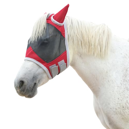 Gallopoff Pferd Fliegenmaske mit Ohren Feinmaschige Gesichtsmaske für Pferde UV-Schutz & verstellbare Passform Rotes Pony von Gallopoff