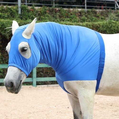 Pferdekapuze aus Stretch-Lycra-Stoff mit verstärktem Reißverschluss und verstellbarem Klettverschluss, Pferdekopf-Kapuze mit Vollgesichts-Halsabdeckung, Blau, Größe L von Gallopoff