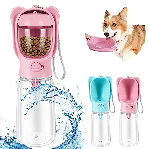 Ganata Trinkflasche Wasserflasche Hunde 550ml Wasserfutterstation Auslaufsicher,Tragbarer Welpen-Wasserspender mit 80g Futterbehälter Trinkfutterspender für Katzen Haustiere,Spaziergänge,Wandern-Rosa von Ganata