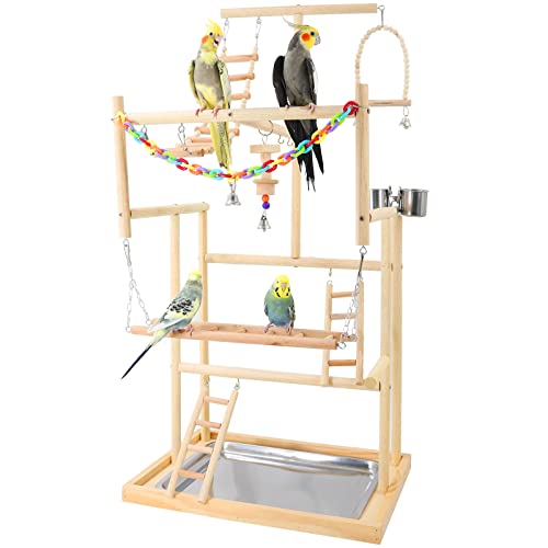 Großer Vogelspielplatz Papageienstange Vogelständer 3 Schichten Papageien-Spielständer Fitnessstudio Spielständer Holz Laufstall für Sittiche Lovebirds Conure Nymphensittich Kakadus mit Futterbechern (4 Schichten) von Ganggend