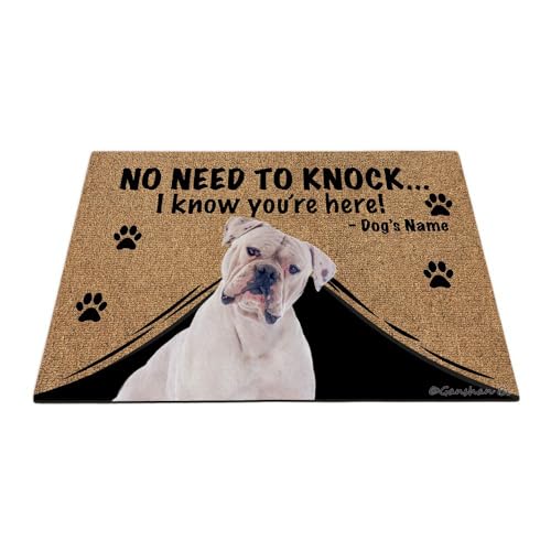 Ganshan Bi Fußmatte mit lustigem Hund, Motiv: American Bulldogge, Willkommens-Bodenmatte, kein Klopfen nötig, "I Know You're Here", Geschenk für Hundeliebhaber, 89,9 x 60 cm, Stil 2 von Ganshan Bi