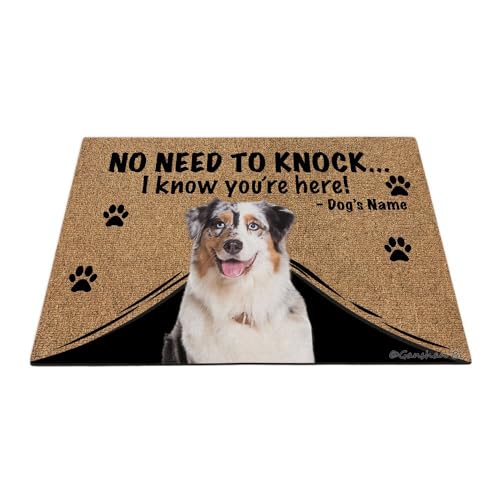 Ganshan Bi Fußmatte mit lustigem Hund, Motiv: Australischer Schäferhund, Aufschrift "No Need to Knock I Know You're Here", Geschenk für Hundeliebhaber, 69,8 x 45 cm, Stil 3 von Ganshan Bi